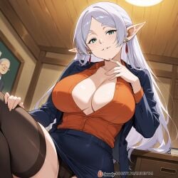 1girls ai_generated breasts elf face female female_only frieren frieren_beyond_journey's_end male mature_female milf office office_clothing office_lady solo_focus sousou_no_frieren sweat uncensored white_hair
