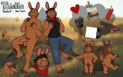 2024 anthro athletic athletic_anthro athletic_male bottomwear brown_body brown_fur chibi clothed clothed_anthro clothed_male clothing cutaway denim denim_bottomwear denim_clothing erection front_view fully_clothed fully_clothed_anthro fully_clothed_male fur genitals green_eyes headshot_portrait hi_res humanoid_genitalia humanoid_penis jeans kerchief labradorszn lagomorph leporid lighter looking_at_viewer male male_anthro mammal model_sheet nipples nude nude_anthro nude_male one_eye_closed open_mouth open_smile paint painting_(object) pants penis pink_penis portrait pubes rabbit rear_view skateboard smile solo spray_paint standing tail teeth vehicle vein veiny_penis vinyl_record wink winking_at_viewer yellow_sclera