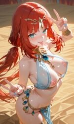 ai_generated arabian_clothes belly_button belly_dancer belly_dancer_outfit big_breasts blue_eyes blush breasts_out curvy_figure genshin_impact hoyoverse mihoyo nilou_(genshin_impact) nipples nipples_out orange_hair peace_sign sexy sexy_body sexy_pose thick_thighs tongue tongue_out