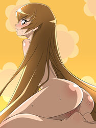 aoi_nagisa_(artist) ass back bangs blush body_blush brown_eyes brown_hair flower from_behind heartcatch_precure! highres kneeling legs long_hair looking_back myoudouin_itsuki no_pussy nude pixiv_manga_sample precure pretty_cure solo sweat tears very_long_hair