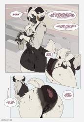 5_fingers amelia_(casloafy) anthro anus bangs bent_over big_anus bodily_fluids bottom_heavy bovid caprine casloafy clothed clothing collared_shirt comic curved_horn darkened_genitalia dialogue dirty dirty_clothing dock_(anatomy) dress_shirt engineer_(profession) english_text equine_anus female fingers fluffy fluffy_tail fluffy_thighs gaping gaping_anus genitals hair hi_res horn horn_jewelry huge_anus hyper hyper_anus jewelry mammal oil open_mouth panties partially_clothed puffy_anus raised_tail red_eyes sheep shirt short_tail shoulder_length_hair solo stained_clothing standing sweat sweaty_genitalia tail text thick_thighs topwear train underwear undressing vehicle vulva white_hair wide_hips