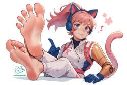 :3 ai_assisted animal_ear_headphones animal_ears barefoot blue_eyes blue_gloves cat_ear_headphones cat_ears cat_tail creamybiscuit facial_mark fake_animal_ears feet foot_focus gloves headphones musical_note pink_hair ponytail smile soles tail toenails toes whisker_markings