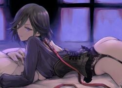1girls ass ass_focus black_hair breasts dress female lying_on_back lying_on_bed lying_on_stomach medium_hair octopath_traveler octopath_traveler_2 purple_dress purple_eyes throne_(octopath_traveler_2)