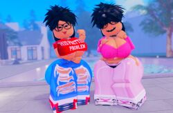 2girls 3d big_breasts breasts choker clothed cnp_(roblox) donquiotedd earrings female female_only glasses jeans looking_at_viewer ripped_clothing roblox roblox_avatar robloxian self_upload stitched_face thick thick_ass thick_hips thick_legs thick_thighs yoga_pants