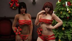 2girls alternate_hairstyle amy_sorel bell black_hair blender_(software) breasts choker christmas christmas_ornaments christmas_tree cleavage dark-skinned_female dark_skin drill_hair filipino_female green_eyes hand_on_hip imminent_sex imminent_threesome indoors large_breasts le_sandman long_hair looking_at_viewer medium_breasts multiple_girls naked_ribbon navel neck_bell pov realistic red_hair ribbon smile soul_calibur talim xnalara