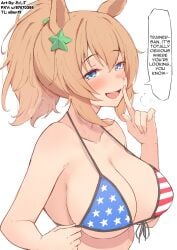 1girls alternate_costume american_flag american_flag_bikini american_flag_print animal_ears bikini blonde_hair blue_eyes blush breasts check_translation cleavage commentary_request female flag_print flag_print_bikini front-tie_bikini_top front-tie_top hair_ornament highres himura_anzu horse_ears horse_girl index_finger_raised large_breasts long_hair looking_at_viewer open_mouth print_bikini sideboob simple_background smile solo speech_bubble star_(symbol) star_hair_ornament swimsuit taiki_shuttle_(umamusume) translation_request umamusume underboob upper_body white_background