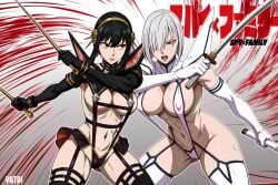 2girls areola_slip black_hair breasts cameltoe crossover earrings fiona_frost grey_eyes hair_over_one_eye holding_object jewelry kamui_(kill_la_kill) kill_la_kill large_breasts long_hair looking_at_another microskirt navel red_eyes revealing_clothes spy_x_family thigh_boots thighhighs white_hair yatagarasupen yor_briar