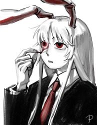 animal_ears bloodshot_eyes collared_shirt expressionless facing_ahead female greyscale guro hand_up highres long_hair long_sidelocks monochrome necktie parted_lips peeling_skin pugnole rabbit_ears rabbit_girl red_eyes red_necktie reisen_udongein_inaba shirt sidelocks simple_background solo spot_color suit touhou white_background