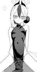 1boy blue_archive blush china_dress chinese_clothes closed_mouth commentary_request dress female greyscale hair_between_eyes halo horns kayoko_(blue_archive) monochrome pelvic_curtain penis_under_another's_clothes simple_background sleeveless sleeveless_dress smile solo_focus straddling straight toriko_(honmono) white_background