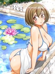 ass bikini breasts commentary_request female highres kazm00 looking_at_viewer meiko_(vocaloid) pool project_sekai shiny_skin short_hair shy swimsuit towel vocaloid