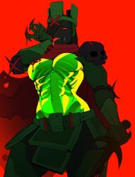 1girls 1x1x1x1 breasts crown green_torso licking_hand looking_at_viewer pauldrons red_eyes roblox robloxian termination_protocol_(roblox)