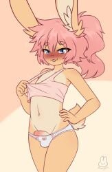 1boy :3 :p blush bow_panties bunny bunny_boy bunnybits crossdressing crossdressing_male cute femboy grabbing_shirt lagomorph looking_at_viewer male male_only panties penis_peek pierre_(bunnybits) pink_hair ponytail pose rabbit seductive_look skimpy_clothes small_dick sticking_out_tongue tank_top tongue_out twink