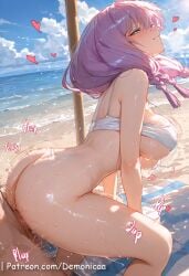 1boy ai_generated aura_(sousou_no_frieren) blue_eyes blush braid breasts closed_mouth collarbone demon_girl demonicaa doggy_style female female_on_bikini large_breasts long_hair looking_at_viewer male navel nipples nude patreon patreon_username penis penis_in_pussy pink_hair pov pussy sex smile solo_focus sousou_no_frieren straight sweat tagme thighs twin_braids uncensored