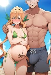100_kanojo ai_generated big_ass bikini black_male blush cheating female grabbing_shoulder inda_karane kimi_no_koto_ga_dai_dai_dai_dai_daisuki_na_100-nin_no_kanojo netorare nipples_visible_through_clothing orange_hair pregnant small_breasts writing_on_body