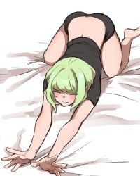 1boy androgynous aus_vaka blush bob_cut cat_pose clothed clothing femboy femboy_only lio_fotia midriff on_bed petite petite_body petite_male promare short_hair slim slim_male slim_waist solo stretching suggestive_pose twink