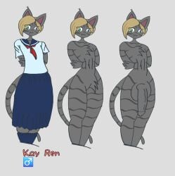 2026 anonyorb anthro asian_clothing balls big_penis biped blonde_hair bottomwear character_name chest_tuft clothed clothing crossdressing digital_media_(artwork) east_asian_clothing felid feline femboy flaccid footwear fur gender_symbol genitals grey_body grey_fur hair hi_res japanese_clothing japanese_school_uniform kay_ren_(anonyorb) knee_highs knee_socks legwear male mammal model_sheet multiple_outfits nude one_fang penis portrait school_uniform serafuku simple_background skirt socks solo standing striped_body striped_fur stripes symbol text three-quarter_portrait tuft uniform