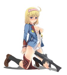 arms_behind arms_behind_back blonde_hair blue_eyes blush boots bra breasts clothing cosette_coalhearth female footwear gun hairband handcuffs insertion jacket kaltoma kneeling lingerie medium_breasts miniskirt nipples open_clothes open_shirt panties school_uniform shirt short_hair skirt socks solo underwear uniform valkyria_chronicles valkyria_chronicles_2 weapon white_bra white_panties white_shirt