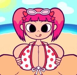 1boy 1girls :q accurate_art_style beach bikini bikini_ribbon black_eyes blue_sky breasts_squeezed_together closed_mouth cloud drei_(artist) eyewear_on_head glasses glasses_on_head heart_hair_ornament looking_at_viewer male_pov milk_(pop'n_music) outdoors paizuri penis pink_hair polka_dot_bikini pop'n_music pop'n_music_artstyle pov red_trim ribbon skindentation sky smile star_hair_ornament straight sun sunglasses tongue twintails water white-framed_eyewear white_bikini white_ribbon
