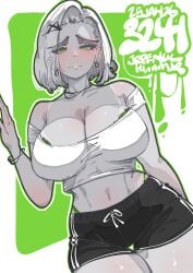 1girls absurdres artist_name black_shorts border bra bra_peek breasts cleavage colored_skin commentary cowboy_shot earrings english_commentary green_background green_bra green_eyes green_panties grey_skin hair_ornament half-closed_eyes hand_up highres jewelry jrpencil large_breasts looking_at_viewer midriff navel original outside_border panties panty_peek parted_lips raised_inner_eyebrows seductive_smile shirt short_hair short_shorts shorts smile solo underwear white_border white_hair white_shirt
