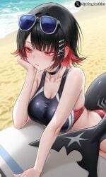 1girls ai_generated alternate_costume black_hair breasts colored_inner_hair ellen_joe female fins fish_tail large_breasts multicolored_hair navel red_eyes red_hair riyoka_hoshino shark_girl shark_tail short_hair sideboob solo stomach tail underboob zenless_zone_zero