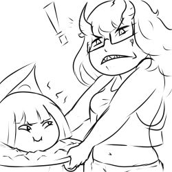 2girls bangs bean bean-chan belly_button discourse-chan exclamation_mark exclamation_point franktonius glasses horns line_art midriff navel sharp_teeth short_hair simple_background tank_top tummy white_background