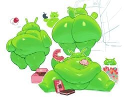 1boy android_(os) apple_inc. big big_ass big_thighs bugdroid candy cupcake donut eating eating_food fat_ass fridge gay google green_body green_skin hungry hungry_for_more ice_cream ice_cream_sandwich jar jelly_beans looking_away looking_in_fridge mascot obese obese_male obesity overweight refrigerator wagging_tail