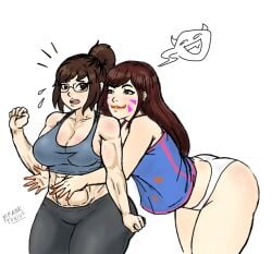 2girls :3 abs ass breasts casual_clothes d.va distress dorito_dust doritos female female_abs food_on_hand food_on_mouth food_stains franktonius girl_abs mei_(overwatch) mei_ling_zhou messy messy_eater mischief muscles muscular muscular_female orange_fingers orange_lips overwatch teasing underwear yoga_pants