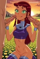ai_generated breasts cartoon_network dc dc_comics double_handjob handjob jeanbombila666 masturbation nipples pussy pussy_juice small_breasts starfire starfire_(teen_titans) teen_titans teenage_girl teenager