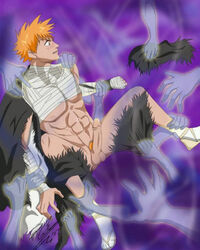 00s 2007 abs bleach erection gay ghost green_eyes heyohwhoa ichigo_kurosaki lowres male male_only many_on_one muscles orange_hair penis pubic_hair resistance surprised tentacle_on_male testicles torn_clothes uncensored undressing yaoi