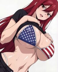 1female 1girls ai_generated american_flag_bikini bangs bikini brown_eyes curvaceous curvy curvy_body erza_scarlet fairy_tail female female_focus female_only hourglass_figure lifting_shirt long_hair looking_at_viewer looking_down looking_down_at_viewer narrow_waist pants red_hair shirt shirt_lift solo solo_female solo_only straight_hair tagme white_background wide_hips