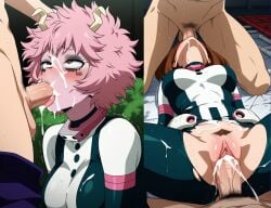 ai_generated blowjob blowjob_face cum double_penetration gangbang mina_ashido my_hero_academia ochako_uraraka ochako_uraraka_(cosplay) ochako_uraraka_(hero_outfit) spitroast