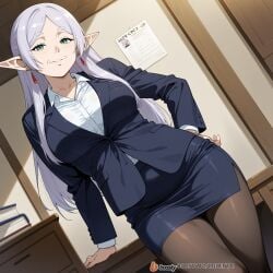 1girls ai_generated breasts elf face female female_only frieren frieren_beyond_journey's_end male mature_female milf office office_clothing office_lady solo_focus sousou_no_frieren sweat uncensored white_hair