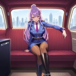 ai_generated boots breast_pockets breasts clothing crossed_legs female female_focus formal frolaytia_capistrano hair_pin heavy_object high_heels high_heels_boots huge_breasts legs limousine long_hair lying military military_uniform necktie on pantyhose purple_eyes seductive seductive_look seductive_pose sitting smile sofa suit thighs uniform