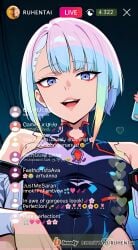 ai_generated cheating cheating_female cheating_girlfriend cheating_wife covered_nipples cyberpunk cyberpunk:_edgerunners cyberpunk_2077 cyberpunk_clothes cyberpunk_girl dirty_talk female from_below lingerie looking_at_another looking_at_partner looking_at_viewer lucyna_kushinada medium_breasts mommy naughty naughty_face naughty_girl naughty_smile neon netorare nsfw ntr outfit pose seductive seductive_body seductive_expression seductive_eyes seductive_female seductive_look seductive_mouth seductive_pose seductive_smile sexy sexy_armpits sexy_body sexy_clothing sexy_dress sexy_female sexy_pose short_hair skirt skirt_lift skirt_up stream streamer streaming sweat sweaty sweaty_body tagme thick_thighs thighs video voice voice_acted