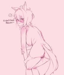 agnes_tachyon_(umamusume) animal_ears ass blush breasts closed_mouth completely_nude female from_behind hair_between_eyes highres horse_ears horse_girl horse_tail implied_yuri medium_breasts nipples nude one_eye_closed pussy pussy_juice short_hair slimegirltachyon tail umamusume wolf_cut