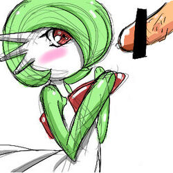 big_penis blush censored flat_chest furry gardevoir green_hair interspecies looking_at_penis lowres no_breasts offscreen_character offscreen_male penis pokemon pokemon_(species) pokemon_rse pokephilia red_eyes sketch white_background