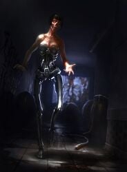 alien bare_arms black_hair body_horror cable commentary commission cyborg cyborg_midwife english_commentary exposed_internal_machinery female full_body guro highres horror_(theme) indoors jonahlobe looking_at_viewer mechabare mechanical_legs official_art realistic_teeth science_fiction short_hair skinned solo standing system_shock system_shock_2 worm