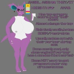 agender agender_pride_colors angel_(jospehvan) anthro big_breasts blush breasts ear_piercing ear_ring earrings_only female generation_1_pokemon genitals hi_res huge_breasts intersex_(lore) jospehvan lgbt_pride lipstick makeup mascara mastectomy_scar model_sheet nidoking nintendo pansexual piercing pokemon pokemon_(species) pride_colors purple_body ring_piercing scar solo vulva