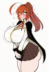 1girls ahoge ai_generated antenna_hair antennae antennae_(anatomy) arc_system_works big_breasts blazblue breasts breasts_bigger_than_head brown_eyes brown_hair cape celica_a_mercury child_bearing_hips embarrassed female female_only large_breasts looking_at_breasts mayuai ribbon ribbon_in_hair school_uniform skirt solo solo_female tagme tits_for_brain white_background wide_hips