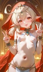 ai_generated arabian_clothes belly_button belly_dancer_outfit blonde_hair genshin_impact hoyoverse klee_(genshin_impact) mihoyo nipple_bulge nipples nipples_visible_through_clothing peace_sign red_eyes small_breasts tongue tongue_out