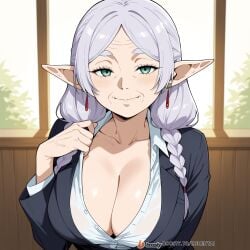 1girls ai_generated breasts elf face female female_only frieren frieren_beyond_journey's_end male mature_female milf office office_clothing office_lady solo_focus sousou_no_frieren sweat uncensored white_hair