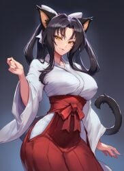 1girls blonde_hair breasts cat_ears cat_tail catgirl cosplay dark_hair erect_nipples erect_nipples_under_clothes female female_only hair_loopies hair_ribbon high_school_dxd kemonomimi kuroka_(high_school_dxd) large_breasts light-skinned_female looking_at_viewer miko_outfit nekomata png sash shrine_maiden utahime_iori_(cosplay) yellow_eyes youkai