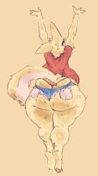 1girls anthro ass furry honhearthy huge_ass large_ass micro_shorts red_shirt solo sweat sweaty tagme tail