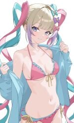 bikini blue_jacket blush breasts chouzetsusaikawa_tenshi-chan closed_mouth frilled_bikini inami_(x_spidekawaii_x) looking_at_viewer medium_breasts needy_girl_overdose needy_streamer_overload open_jacket smile