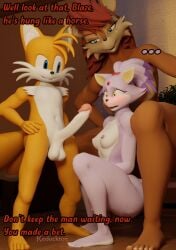 3d_(artwork) anthro balls big_balls big_penis blaze_the_cat blush breasts canid canine chipmunk comic dialogue digital_media_(artwork) domestic_cat duo english_text erection felid feline felis female female/female fox genitals ground_squirrel group hand_on_hip hi_res humanoid_genitalia humanoid_penis larger_female male male/female mammal nude penis penis_awe reducktoe rodent sally_acorn sciurid sega size_difference small_breasts smaller_female smaller_male sonic_the_hedgehog_(series) tails tails_the_fox text tree_squirrel trio warfare_blaze warfare_sally