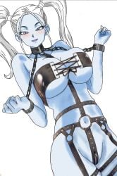 bdsm_gear bdsm_outfit blue_body blue_skin bondage bondage_gear breasts clothed clothing dididiwa dididiwa_(artist) dragon_ball embarrassed harness harness_gag horny hot hotpants legs marcarita nipples purple_eyes pussy restrained semi_nude thick_thighs tied_hair
