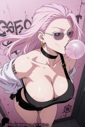 ai_generated balloon big_breasts black_lipstick black_pupils blowing_bubble_gum blowing_bubblegum bubble_butt bubble_gum bubblegum bubblegumgirlballoon busty_female chewing_gum erect_nipples female fetish gigantic_breasts glasses gum jujutsu_kaisen lipstick miss_io outfit pink_hair tattoo tattooed_arm tattoos uro_takako