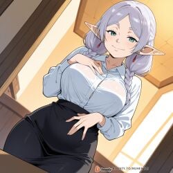 1girls ai_generated breasts elf face female female_only frieren frieren_beyond_journey's_end male mature_female milf office office_clothing office_lady solo_focus sousou_no_frieren sweat uncensored white_hair