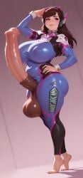ai_generated barefoot bodysuit brown_eyes brown_hair chubby d.va erection futanari gigantic_penis headphones highres horsecock huge_ass huge_breasts huge_cock large_penis long_hair massive_breasts massive_penis overwatch self_upload standing supermanson thick_thighs