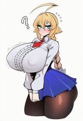 1girls ? ahoge ai_generated antenna_hair antennae antennae_(anatomy) arc_system_works blazblue blonde_hair blue_eyes braid braided_hair braided_ponytail es_(xblaze) female female_only holding_skirt mayuai nipple_bulge nipples pantyhose red_tie shirt shortstack skirt solo solo_female tagme tie white_background